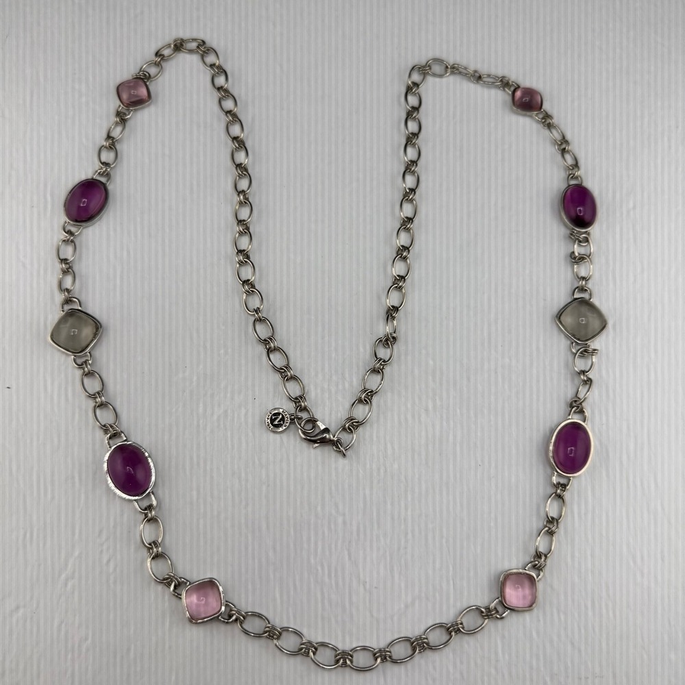 Napier Necklace Silver Tone Glass Cabochon Purple Pink Chain 30"
